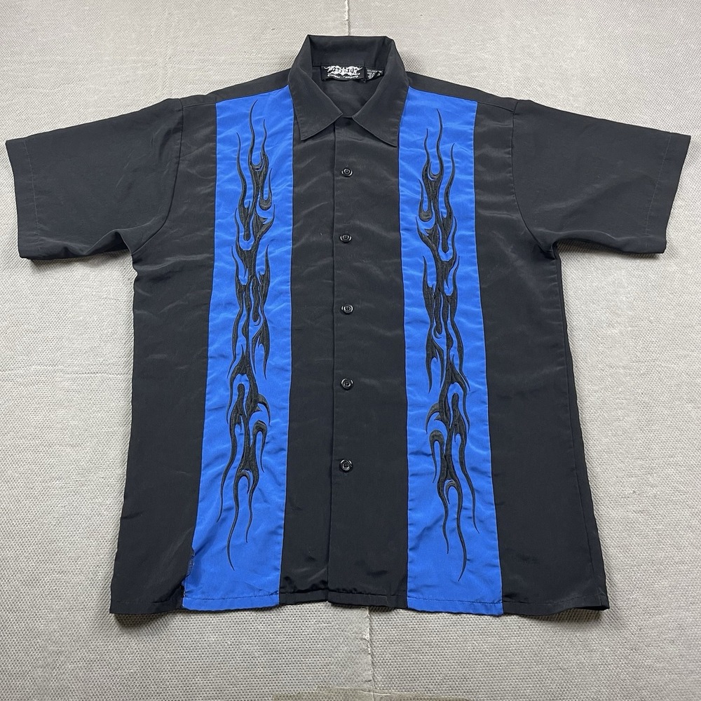 VTG Dragonfly Clothing Co Shirt Mens Medium Tribal Flame Graphic Button Up Loop